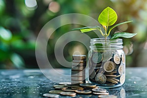 Plant growing from coins in a glass jar