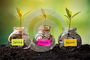 Plant growing in Coins glass jar on dry with investment  for Travel Retire Saving paper label