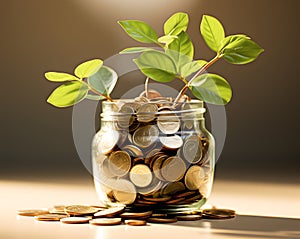 Plant growing Coins in glass jar with investment financial concept and green nature sunlight - AI generated