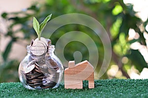 Plant growing from coins in glass jar. Wooden house model on artificial grass. Home mortgage and property investment concept