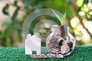 Plant growing from coins in glass jar. Wooden house model on artificial grass. Home mortgage and property investment concept