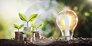 plant growing on coins and light bulb. concept saving money