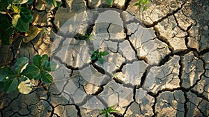 A plant growing on cracked soil