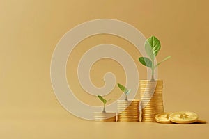 Plant growing on gold coin,money coin stack growing graph