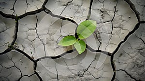 A plant growing in a hot dry desert with sunshine and rain on the horizon - new life hope concept. Dry and cracked ground, dry for