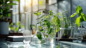 plant growing in labware on glass