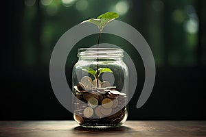 plant growing out of coins in the glass jar with green nature background, A glass jar full of coins and a little plant growing