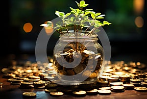 A plant growing out of a jar filled with coins. A jar full of coins with a plant growing out of it