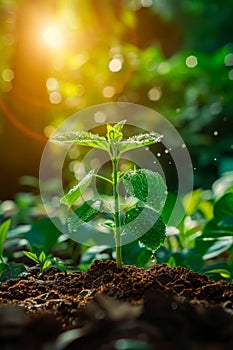 Plant is growing out of mound of dirt surrounded by green leaves and droplets of water on its leaves. Generative AI