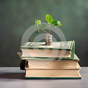 Plant Growing on Savings Coins with book,Investment and retirement of education Concept,AI generated