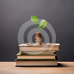 Plant Growing on Savings Coins with book,Investment and retirement of education Concept,AI generated