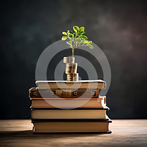 Plant Growing on Savings Coins with book,Investment and retirement of education Concept,AI generated