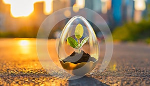 A plant grows in the transparent and golden easter egg on asphalt. Blurred city background.