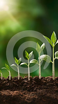 Plant growth in rich soil against blurred green background, progressing from sprout to maturity photo