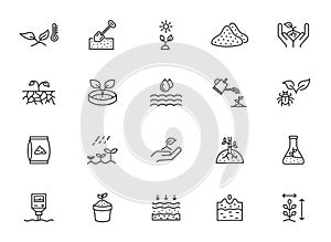 Plant growth soil line icon set. Flower leaf evironment vector outline tree seed icon.