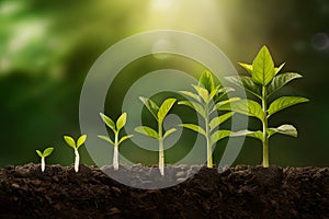 Plant growth stages from sprout to maturity in rich soil against green background photo