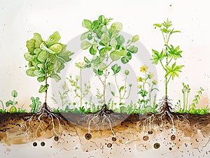 plant growth thanks to chlorophyll photosynthesis, white background with visible seedlings and roots,