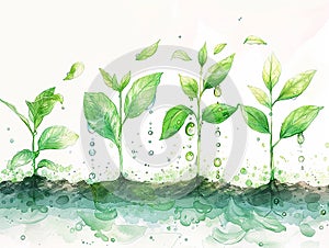 plant growth thanks to chlorophyll photosynthesis, white background with visible seedlings and roots,