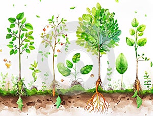 plant growth thanks to chlorophyll photosynthesis, white background with visible seedlings and roots,