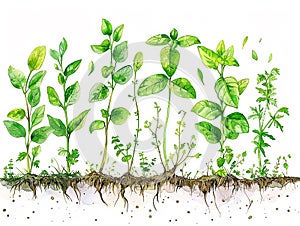 plant growth thanks to chlorophyll photosynthesis, white background with visible seedlings and roots,
