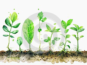 plant growth thanks to chlorophyll photosynthesis, white background with visible seedlings and roots,