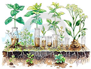 plant growth thanks to chlorophyll photosynthesis, white background with visible seedlings and roots,