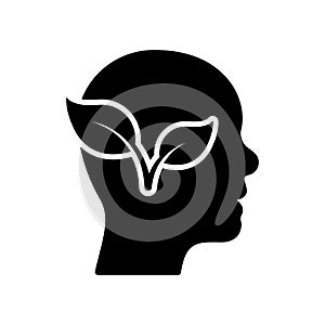 Plant in Human Head Silhouette Icon. Leaf and Person Brain Environment Concept Glyph Pictogram. Tree Branch Ecology Idea