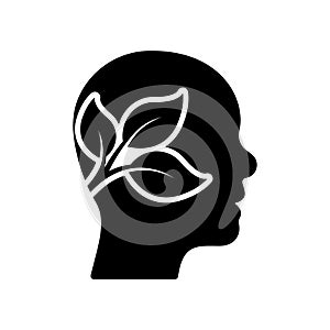 Plant in Human Head Silhouette Icon. Leaf and Person Brain Environment Concept Glyph Pictogram. Tree Branch Ecology Idea