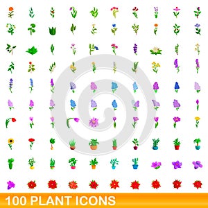 100 plant icons set, cartoon style