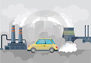 Plant or industrial factory building and car with smoking chimneys, smoke in air, waste pollution