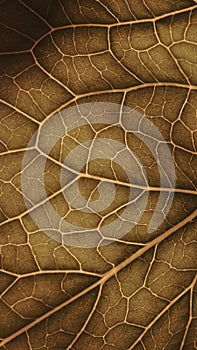 Plant leaf close-up. Mosaic pattern of cells nerves and veins. Abstract background on vegetable theme. Vegetal brown tinted
