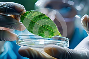 Plant leaf held by research scientist in lab. Concept for biotechnology and genetic modification