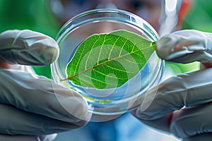 Plant leaf in petri dish held by research scientist in lab. Concept for biotechnology and genetic modification