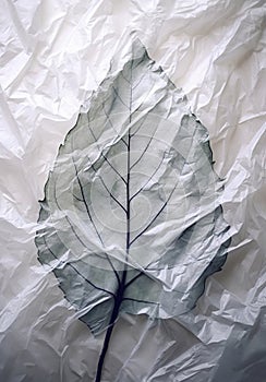 Plant leaf underneath a plastic wrap. Nature degradation, artificial impact conceptual background.