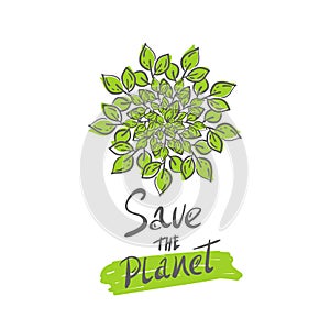 Plant with leaves grows, green circle isolated on white background. Saving planet concept emblem. logo, mandala. Icon