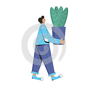 Plant lover. Man with indor flower pot. Vector