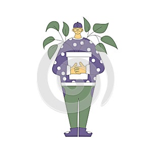 Plant lover. Man with indor flower pot. Vector