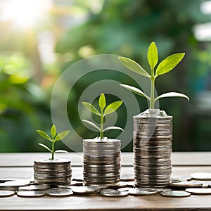 Plant and money growing on stacks of coins, neural network image