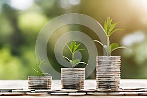 Plant and money growing on stacks of coins, neural network image