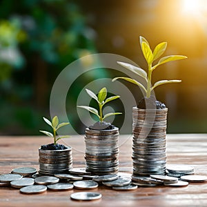 Plant and money growing on stacks of coins, neural network image