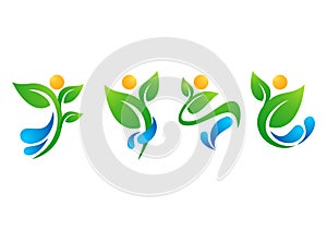 plant, people, water, spring, natural, logo, health, sun, leaf, botany, ecology, symbol icon set design vector