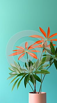 A plant in a pink vase on a blue background