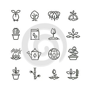 Plant, planting and seed line vector icons. Sprout growing symbols