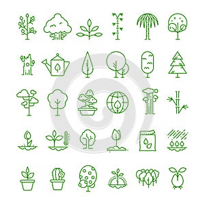 Plant, planting, seed and trees line vector icons. Sprout growing symbols