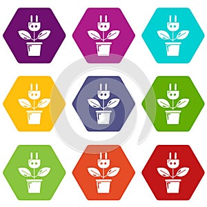 Plant in pot and electric plug icons set 9 vector