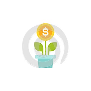Plant in pot with green leaves and dollar coin as a flower. vector icon. Income growth flat icon.