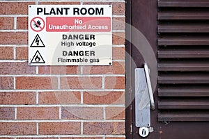 Plant room danger flammable gas high voltage sign
