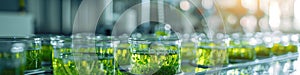 plant science laboratory research, biological chemistry test, green nature organic leaf experiment in test tube