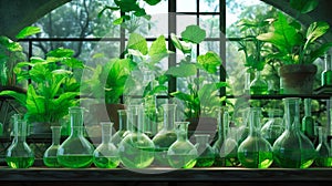 Plant science laboratory research, biological chemistry test, green nature organic leaves experiment in vitro, field of chemical