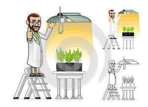 Plant Scientist Cartoon Character Hanging a Grow Light